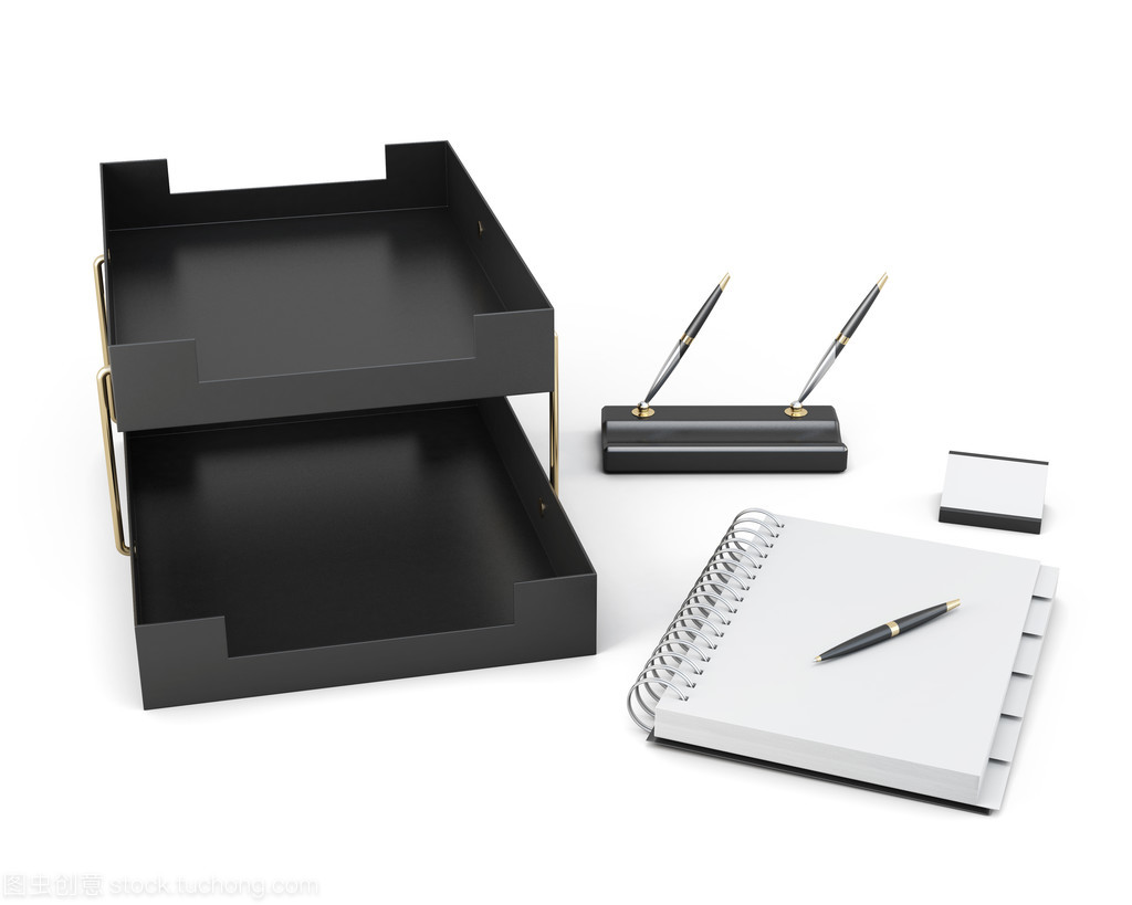 组的分离在白色背景上的办公用品。3d 仁